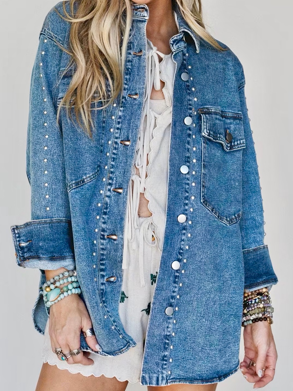 Hello Gorgeous! Rivet Embellished Western Style Long Sleeve Denim Jean Jacket